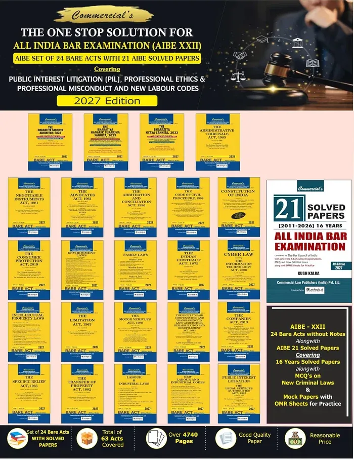 AIBE 24 bare Acts set, 2027 Edition for AIBE XXII covering PIL, Professional Ethics & Professional Misconduct and New Labour Codes with 21 AIBE Solved Papers book cover