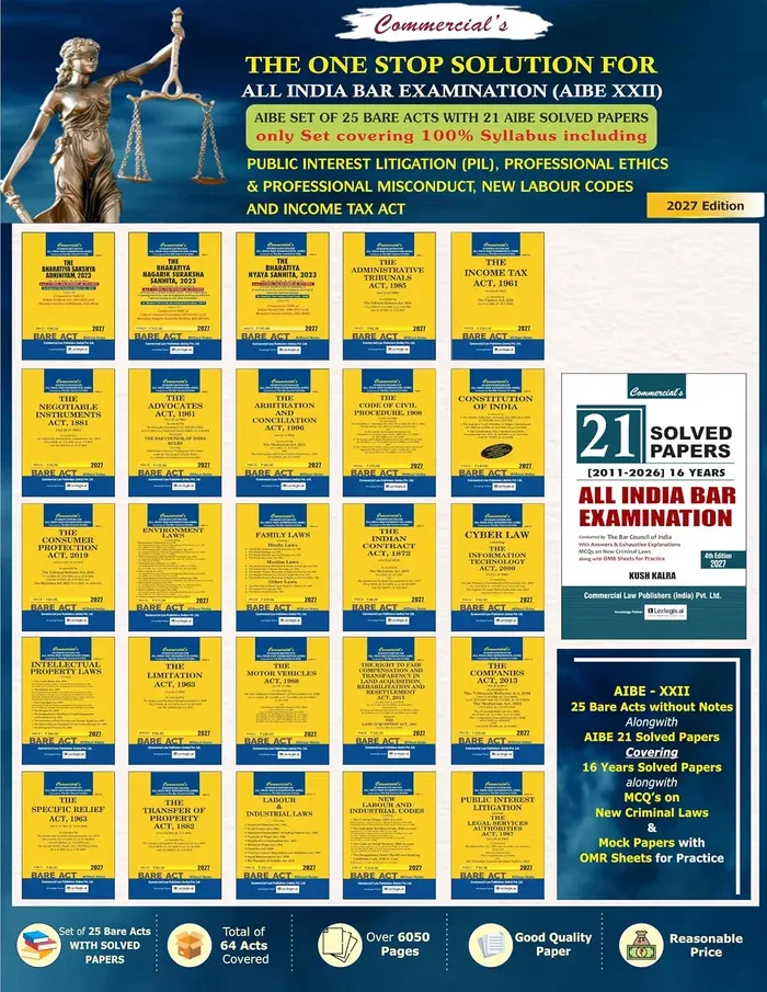 AIBE 25 bare Acts set, 2027 Edition for AIBE XXII covering 100% Syllabus including PIL, Professional Ethics & Professional Misconduct, New Labour Act with 21 AIBE Solved Papers