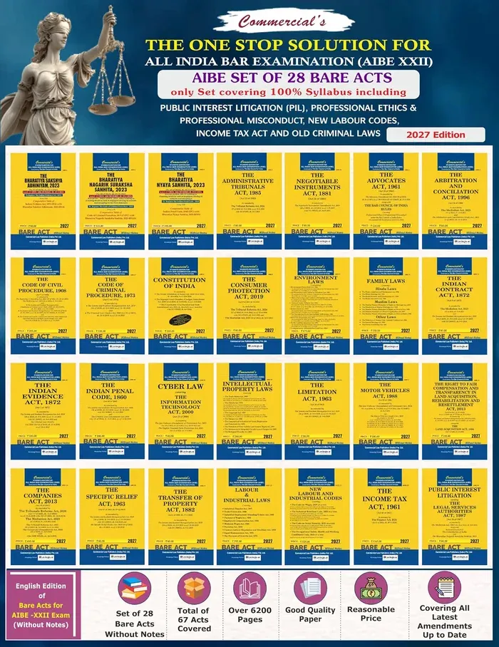 AIBE 28 bare Acts set, 2027 Edition for AIBE XXII covering 100% Syllabus including PIL, Professional Ethics & Professional Misconduct, New Labour Codes and Income Tax Act with OLD Criminal Laws
