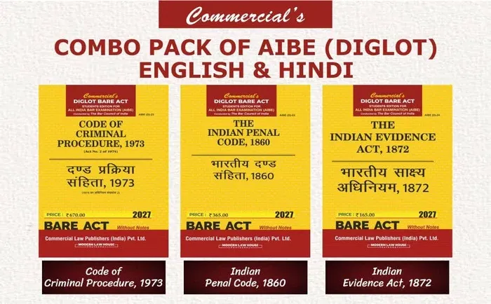 Combo Pack of AIBE 3 Bare Acts (Diglot) IPC, CRPC, Evidence