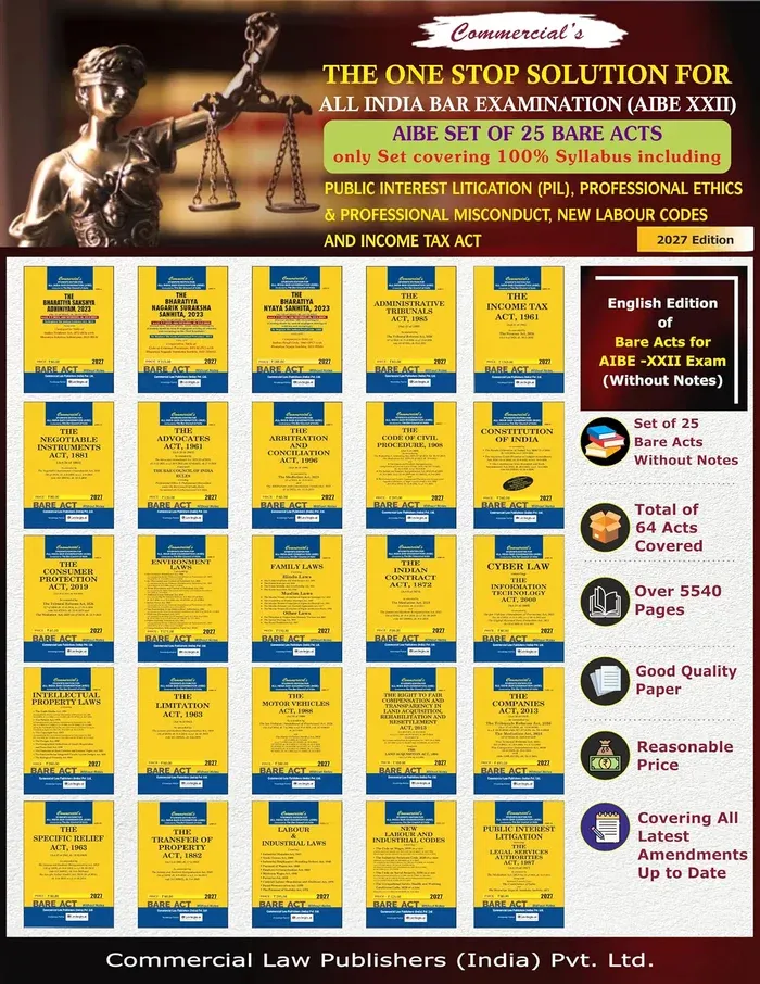AIBE 25 bare Acts set, 2027 Edition for AIBE XXII covering 100% Syllabus including PIL, Professional Ethics & Professional Misconduct, New Labour Codes and Income Tax Act