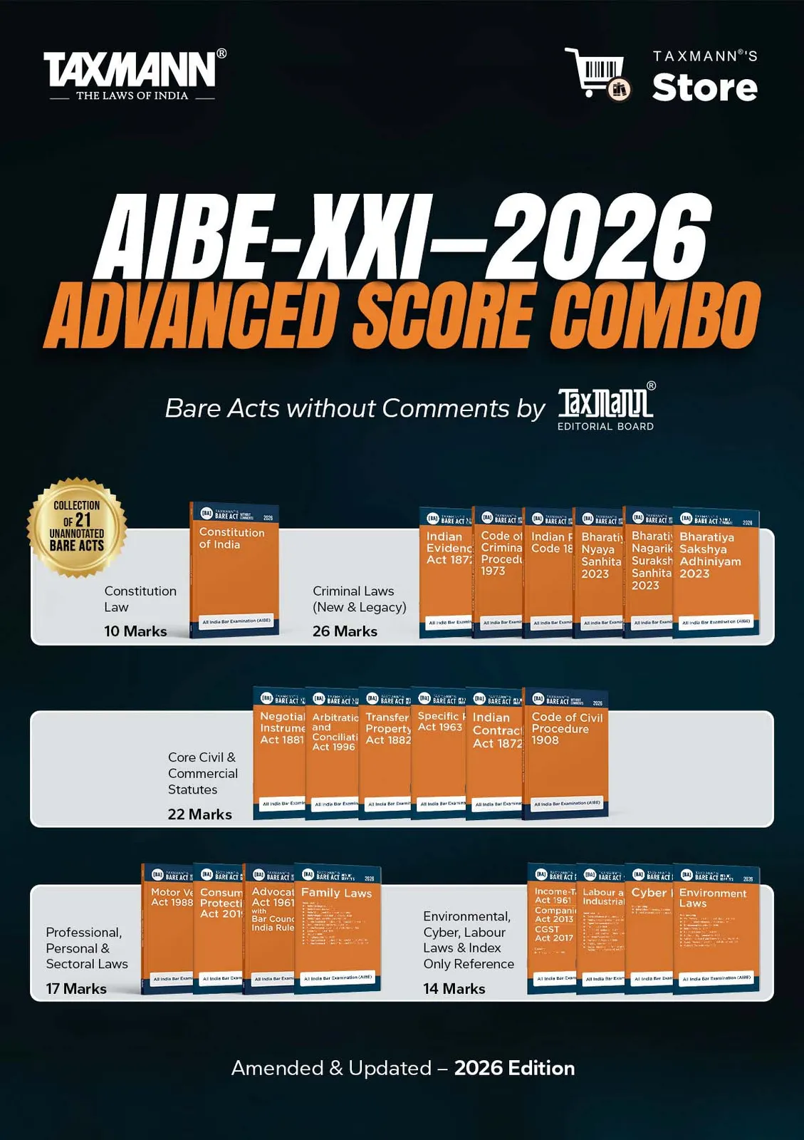 AIBE-XXI 2026 | ADVANCED SCORE COMBO [Designed to Cover ~89 Marks] – Bare Acts without Comments with Uniform Section-wise Layout for Rapid Look-ups—Compact & Cost-effective [Set of 21 Bare Acts]