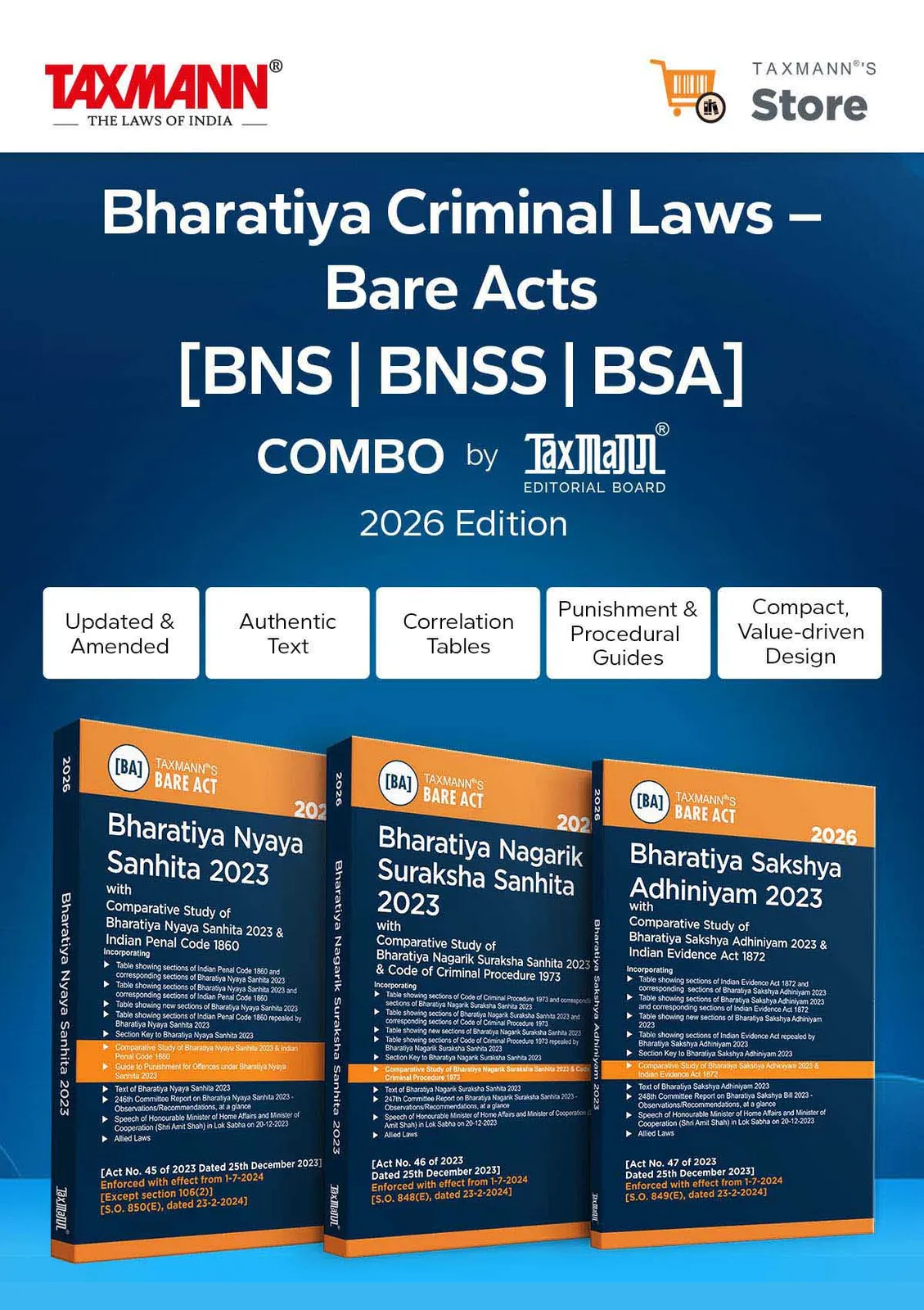 Bharatiya Criminal Laws – Bare Acts COMBO [BNS | BNSS | BSA] – Presenting the Complete | Updated Texts with Comparative Tools | Legislative Aids | Set of 3 Books