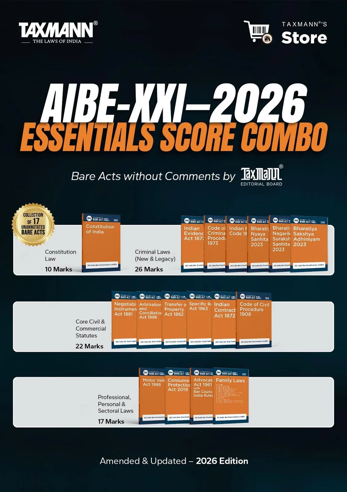 AIBE-XXI 2026 | ESSENTIALS SCORE COMBO [Designed to Cover ~75 Marks] – Bare Acts without Comments with Uniform Section-wise Layout for Rapid Look-ups—Compact & Cost-effective [Set of 17 Bare Acts]