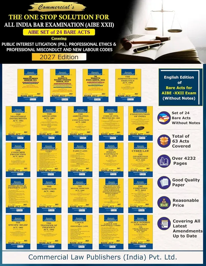 AIBE 24 bare Acts set, 2027 Edition for AIBE XXII covering PIL, Professional Ethics & Professional Misconduct and New Labour Codes